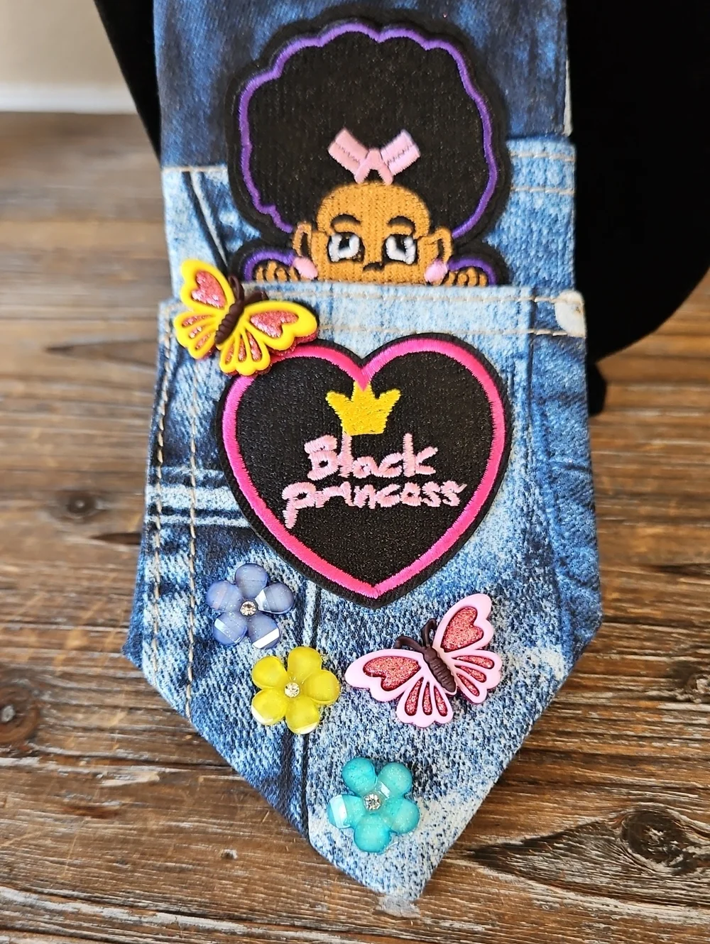 Kids Custom made Denim Tie with Colorful Butterflies & 'Black Princess' Patch